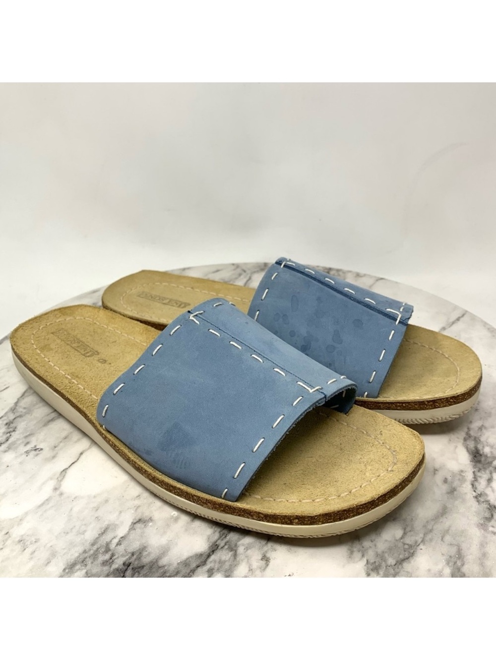 Lands' End Open Toe Top Stitch Blue Leather Slide Sandals 9 Casual Sporty Preppy